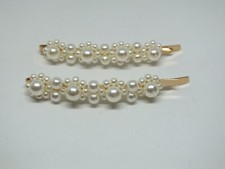 Beautiful Hair Clip Set 2 Gold Tone White Beads 1/2 x 3 1/4" NICE
