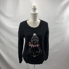 New York & Co Fuzzy Black Sweater w/ Sequin Penguin Embellishment Drop Shoulders