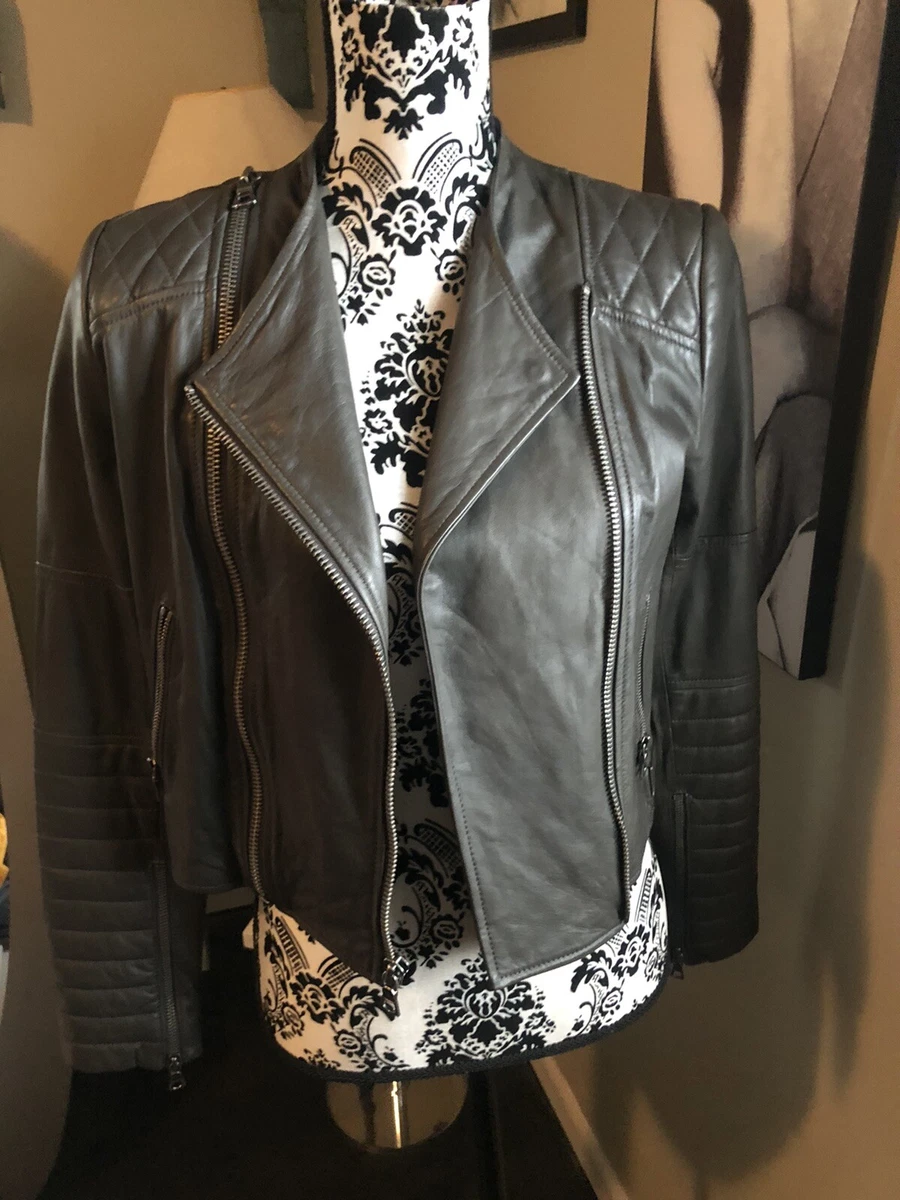 Alice Olivia Cody Crop Lamb Leather Moto Jacket Gray Sz PS EUC