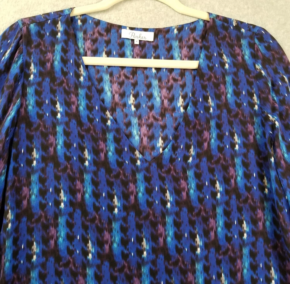 Parker Топ женщин средний M абстрактный шелк длинный Bell рукава с низким вырезом V шеи Artsy - Изображение 2 из 4