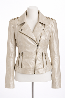 GUESS Metallic Cream Moto Jacket Studded Shoulder Gold Zip Y2K