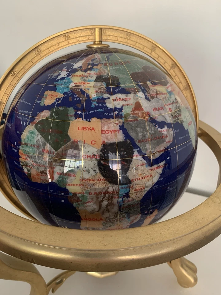 Piedra preciosa globo mundial 14" trípode soporte dorado brújula cuarzo azul lapislázuli océano Foto 3 de 4