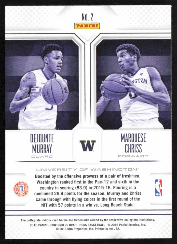 2016 Panini Contenders Collegiate Connections Dejounte Murray Marquese Chriss #2 - Image 2 of 2