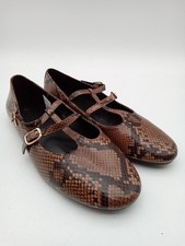 M&S Women's Shoes Brown Faux Snakeskin Strappy Mary Jane Flat Ballet Pumps New