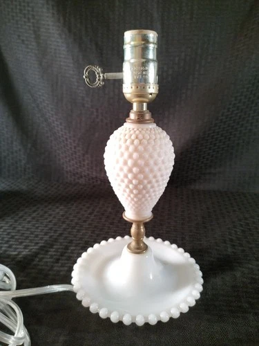 Vtg Table Boudoir Lamp Hobnail Milk Glass Pedestal Freshly Rewired