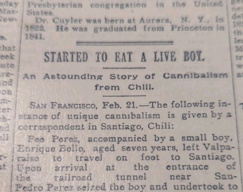 FEB 3, 1890 NEWSPAPER PAGE #2137- YOUNG PERSON EATEN ALIVE BY CANNIBAL