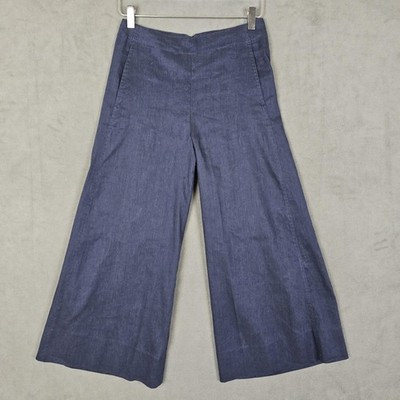 Vince Pants Womens 2 Blue Linen Blend Cropped Wide Leg Stretch Dressy Office