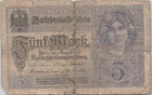 Germany 5 Mark 1917 Old Vintage Paper Money Banknote Currency Note G