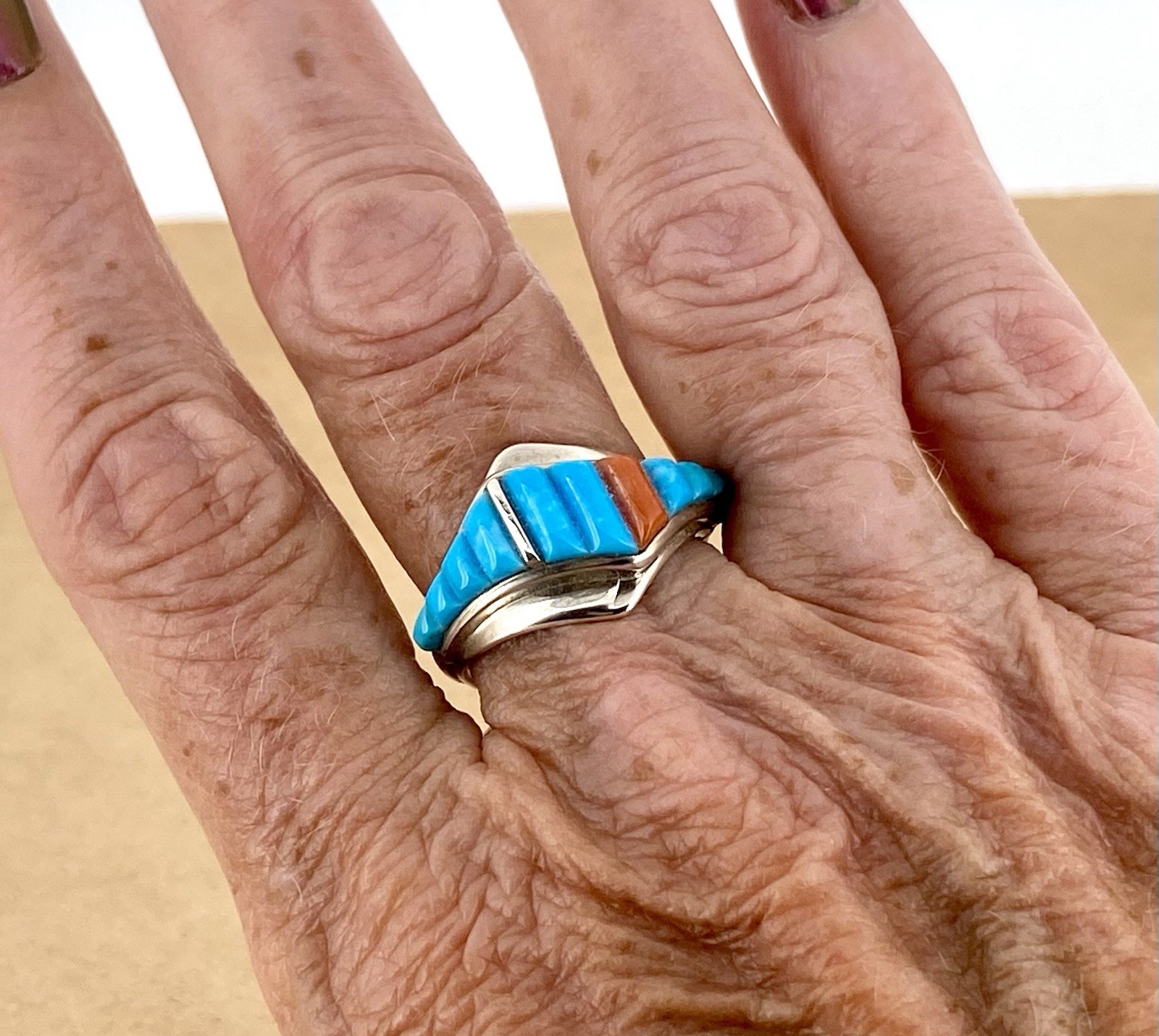 Ervin Hoskie Navajo Sterling Silver Turquoise Coral R… - Gem