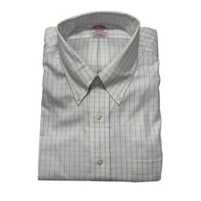 Brooks Brothers Madison Dress Shirt Mens 17.5 33 White Blue Windowpane Non-Iron