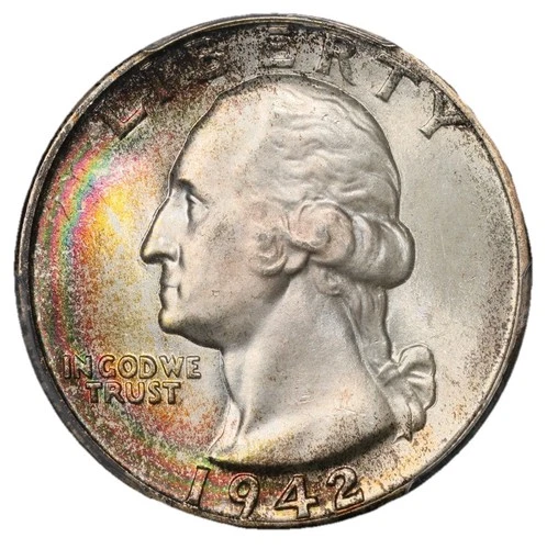 1942 Washington Quarter PCGS MS67 Rainbow Color Toning!