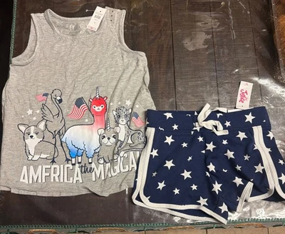 Girls Size 8 Fourth 4th Of July Summer Outfit Set Justice Shorts Stars Tank Top - Image 1 of 3