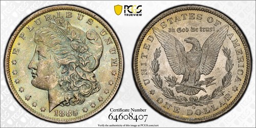 1885-O Morgan Dollar PCGS MS63 Rare Monster Green toning greenie rainbow color