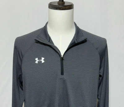 Under Armour Shirt Mens Medium Black Gray Striped Tech 1/4 Zip Heat Gear