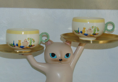 2 Vintage 50s HLC Swing Eggshell USA Chinese Green Goddess Ring Handle Mug Cup 