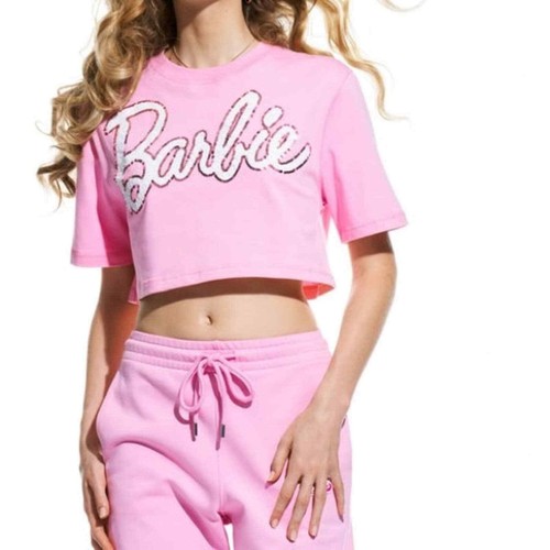  ZARA BARBIE™ THE MOVIE MATTEL CROPPED T-SHIRT Logo Tee Pink Sequins Medium - Picture 2 of 8