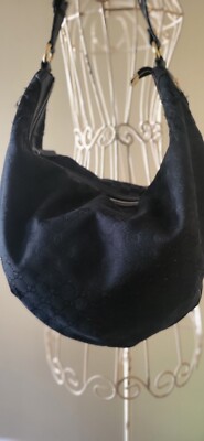 GUCCI GG Monogram Logo Black Canvas Medium Hobo Leather Trim Studs Handbag READ