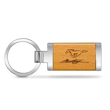 Ford Mustang Script Laser Engraved Maple Wood Chrome Metal Trim Key Chain