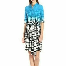 Calvin Klein Womens Button Front Career Dress M Black Blue 3/4 Sleeves NO BELT