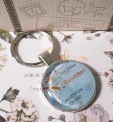 Vintage Map GALVESTON TEXAS One-sided Split Silver Key Ring Glass Dome