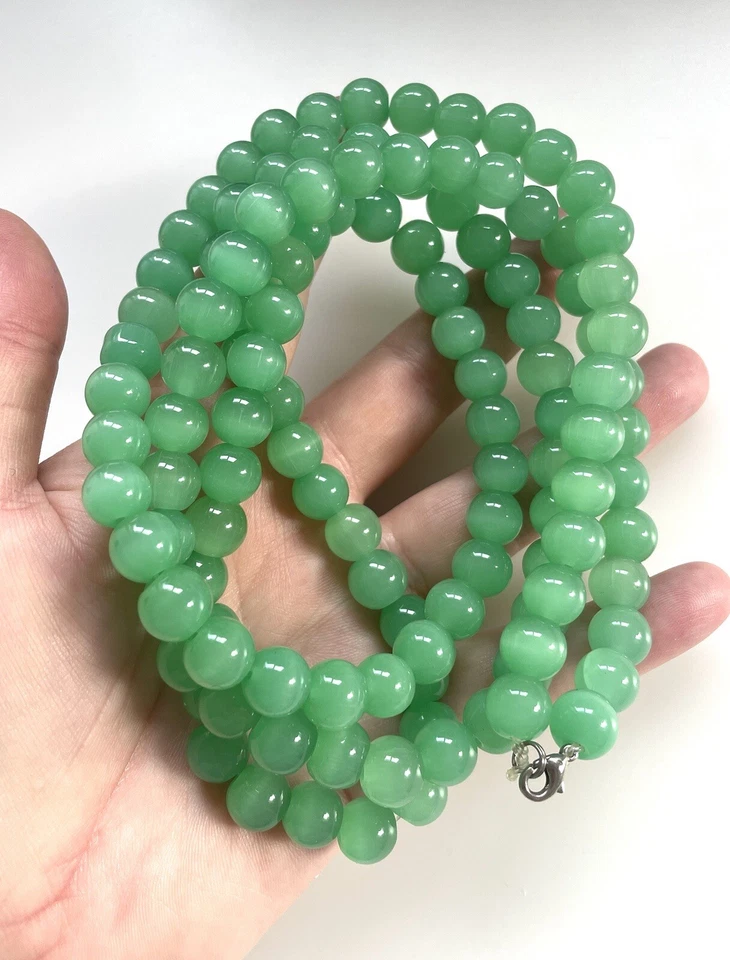 Antique Silver Plated Apple Green Satin Handmade Glass Beaded Necklace 45" - Image 3 of 4