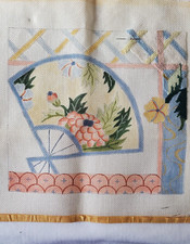 Oriental Floral Fan HP Needlepoint Canvas 13m Some Work Done Belle 12X11