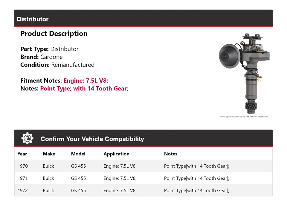 Для 1970-1972 Buick GS 455 7.5L V8 дистрибьютор Cardone 1971 - Изображение 2 из 4