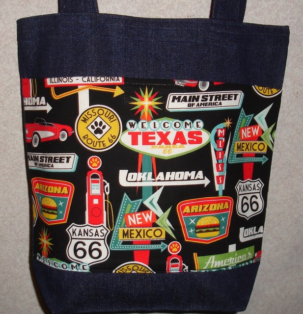 NEW Handmade Medium Route 66 Americana Vacation Travel Denim Tote Bag eBay