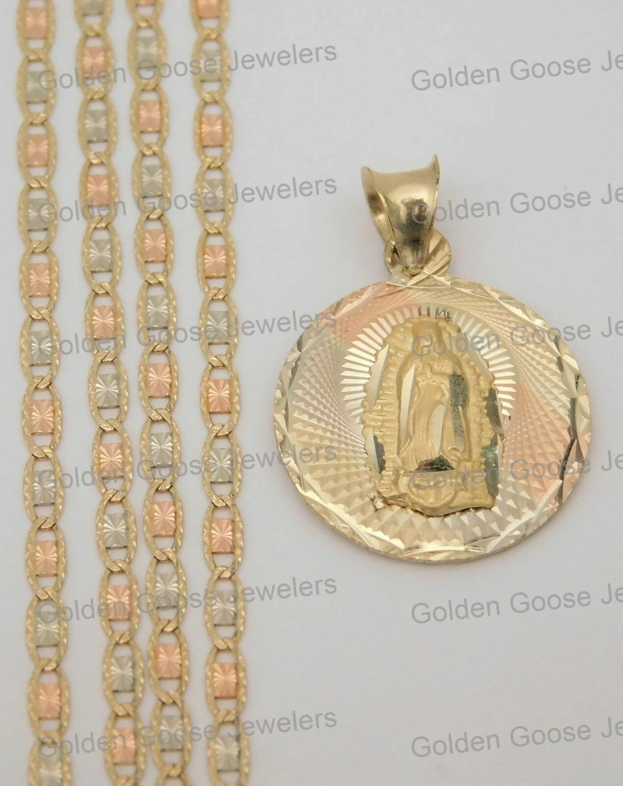 Real 14k Yellow Rose G Jesus Face Double side Pendant Valentino chain 18 Inch