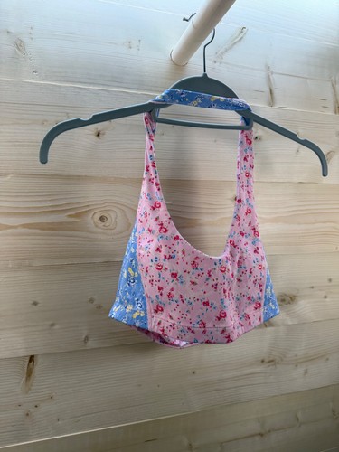LoveShackFancy Pink Blue Floral Halter Crop Top Nylon Stretch