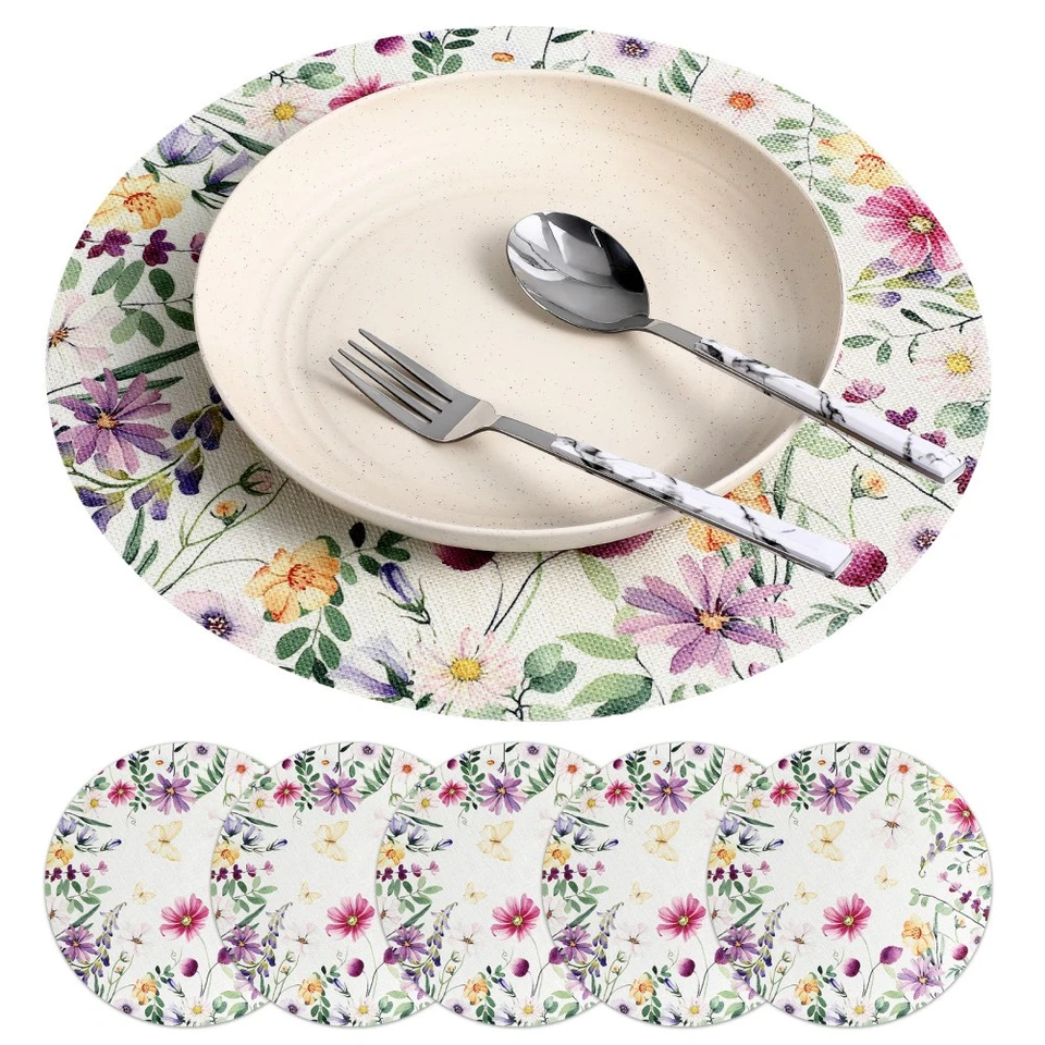  6 Pcs Round Placemats Flower Placemats Linen Placemats Dinner Mats Coasters