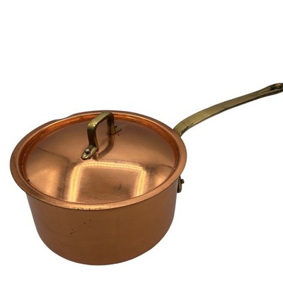 Copral Portugal Copper Saucepan 7.5'' Tin Lined Brass Handle Lid Vintage Cookware