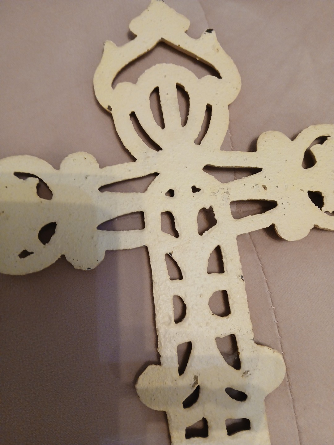 Cast Iron Hanging Wall Cross Decor Cream Off White Distressed Finish 11.5" By 8"