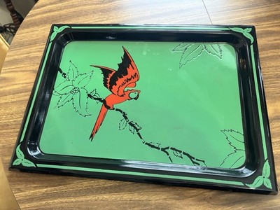 Period Art Deco Enamel Tray Parrot HTF Green Black And Red WOW