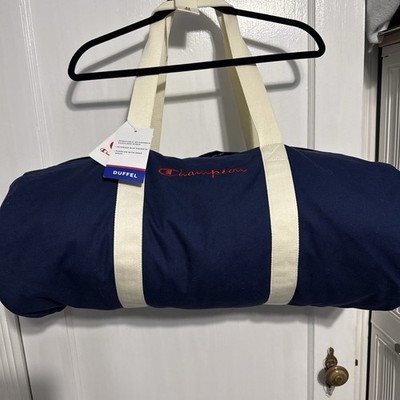 Champion Large Canvas Duffel Bag Blue Zip, Adjustable Strap, Embroidered Logo
