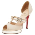 Christian Louboutin BeigeGold Satin And Leather Peep Toe Platform Pumps Size 375