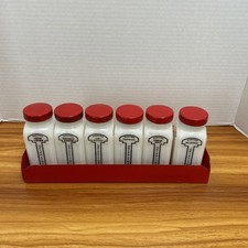 Vintage Griffith Laboratory Milk Glass Spice Jar Set of 6 W/Metal Red Rack