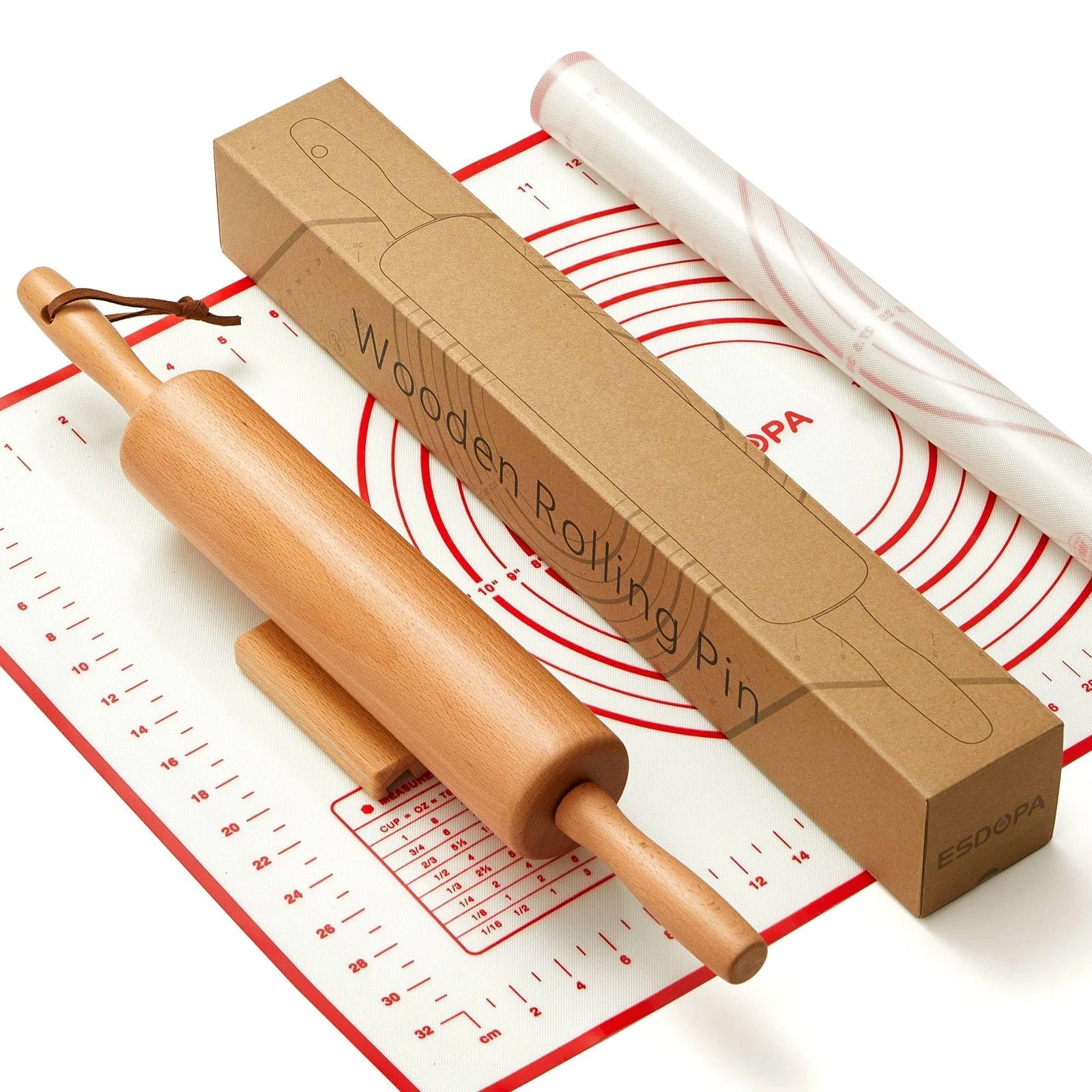 Classic Wood Rolling Pin - Wooden Rolling Pins for Baking Silicone Mat Set, D...