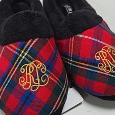 NWT Ralph Lauren Womens Plaid Tartan Slippers M Shearling Lined Monogram Crest