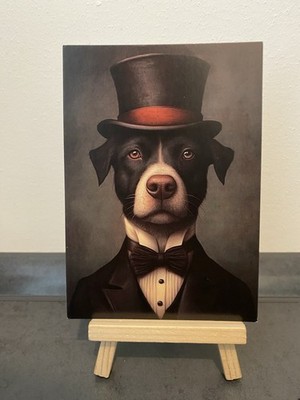 Postcard Theme Card, Black Dog with Suit, Bow Tie, Top Hat, Circus, Art