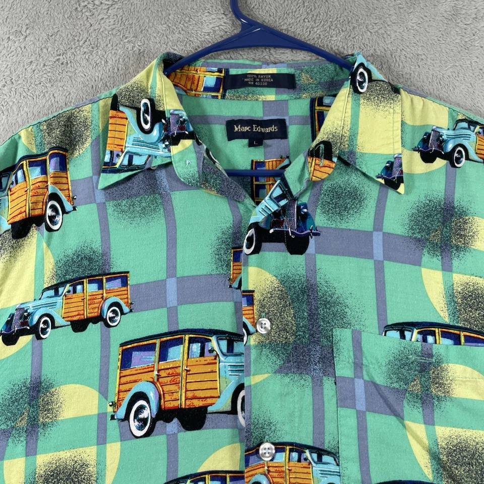 Vintage Marc Edwards Hawaiian Shirt Men Large All Over Print Cars SS Tropical - Image 2 of 4