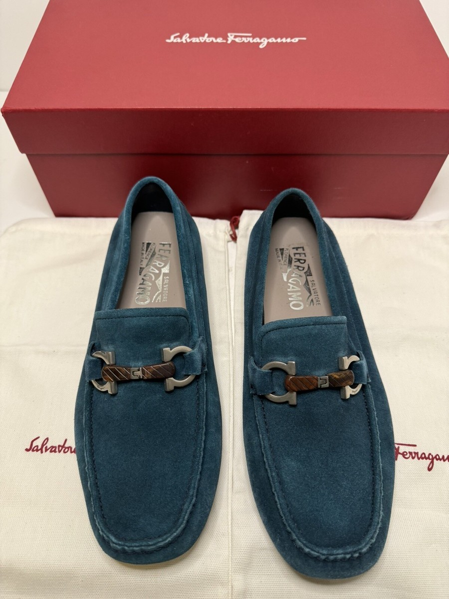 Salvatore Ferragamo Salamanca Teal Suede Gancini Driving 