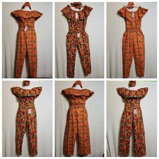 Women African Kente Print Jumpsuit With Scarf Elastic bust Free Size