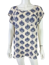 Loft Women's Blouse Top Blue Medallion Floral Cap Sleeve Pullover Size M
