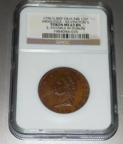 GREAT BRITAIN 1796 MIDDLESEX KILVINGTON'S 1/2P NGC MS 63 BN Die Break MS63 Coin 