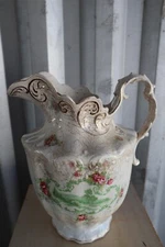  Large Antique 11" Porcelain Wash Basin Pitcher Hand Painted Floral Gold Trim