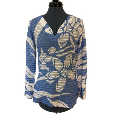 Before +After Banda Top Blue White Floral Tropical Layered V Neck Resort Boho S