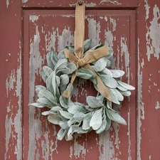 Primitive Farmhouse Christmas Frosted Lamb's Ear Wreath w/Burlap Bow Hanger
