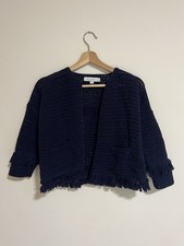 Loft Women's S Petite Crochet Cardigan Sweater 100 Cotton Navy blue Fringe Boho