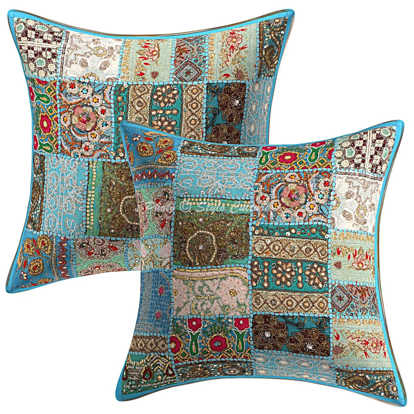 Indian Cotton Throw Pillow Covers Beaded Turquoise Patchwork Home Decor 2 Pcs
